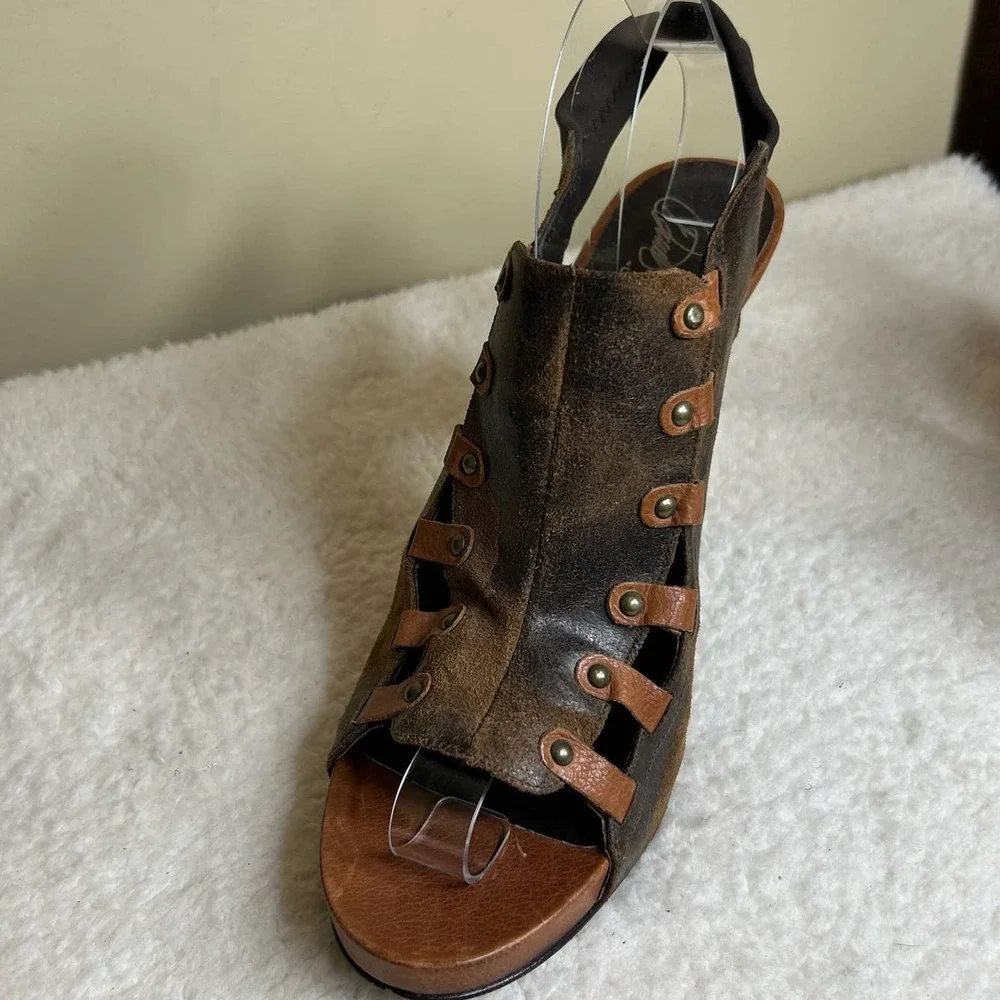 Donald J Pliner Heels Womens 10‎ Saddle Vishad Open Toe Distressed Leather